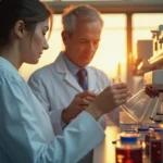 Investigadores en ciencias de la vida en un laboratorio con luz natural y tecnología avanzada