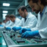 Trabajadores en una fábrica de semiconductores revisando microchips con tecnología avanzada y equipos de alta precisión.