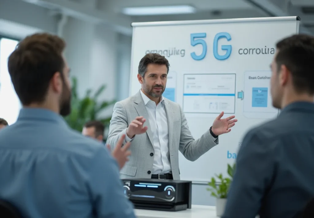 Trabajadores de Telefónica en Castilla y León mostrando tecnología Edge e IA con 5G en una oficina moderna
