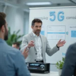 Trabajadores de Telefónica en Castilla y León mostrando tecnología Edge e IA con 5G en una oficina moderna