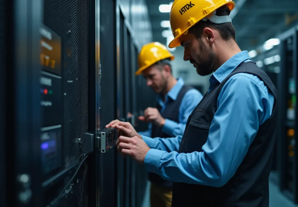 Ingenieros instalando baterías y sistemas UPS en un centro de datos de IA con energía renovable