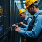 Ingenieros instalando baterías y sistemas UPS en un centro de datos de IA con energía renovable