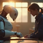 Robots colaborativos Epson AX6 en acción con trabajadores en una fábrica, luz cálida y ambiente realista.