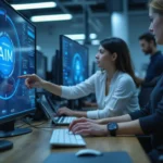 Ingenieros trabajando con tecnología de inteligencia artificial y modelos de lenguaje en un entorno corporativo moderno
