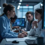 Equipo de ingenieros trabajando en redes 6G, ciberseguridad y vulnerabilidades en un entorno corporativo moderno