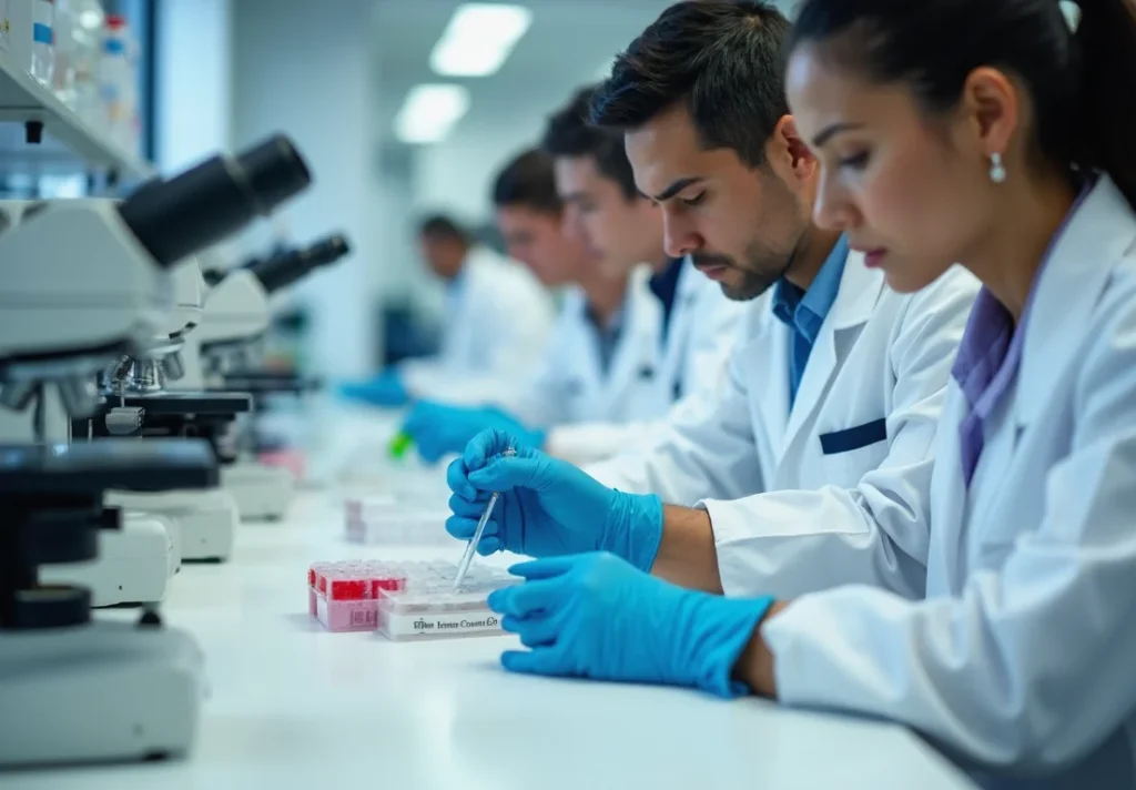 Investigación en biotecnología con enfoque en ARN y inmunoterapia para cáncer de pulmón, laboratorio con OncoPrism