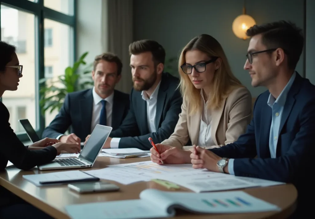 Profesionales en un entorno de trabajo moderno usando inteligencia artificial e IA generativa, destacando habilidades...