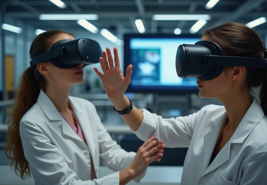 Estudiantes usando realidad virtual en centros de formación profesional con simuladores y gemelos digitales