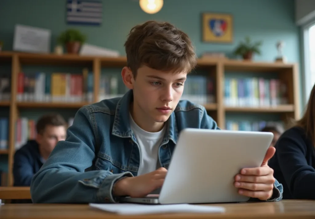 Joven griego usando laptop en biblioteca, legislación digital y ciberseguridad