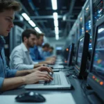 Oficina de Amazon con empleados trabajando en tecnología de nube y inteligencia artificial