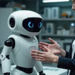 Microduck de Nvidia en un entorno tecnológico con personas interactuando con el robot, robótica y aprendizaje por refuerzo