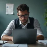 Tecnólogo analizando alertas de ransomware en una oficina, enfocado en ciberseguridad y backups