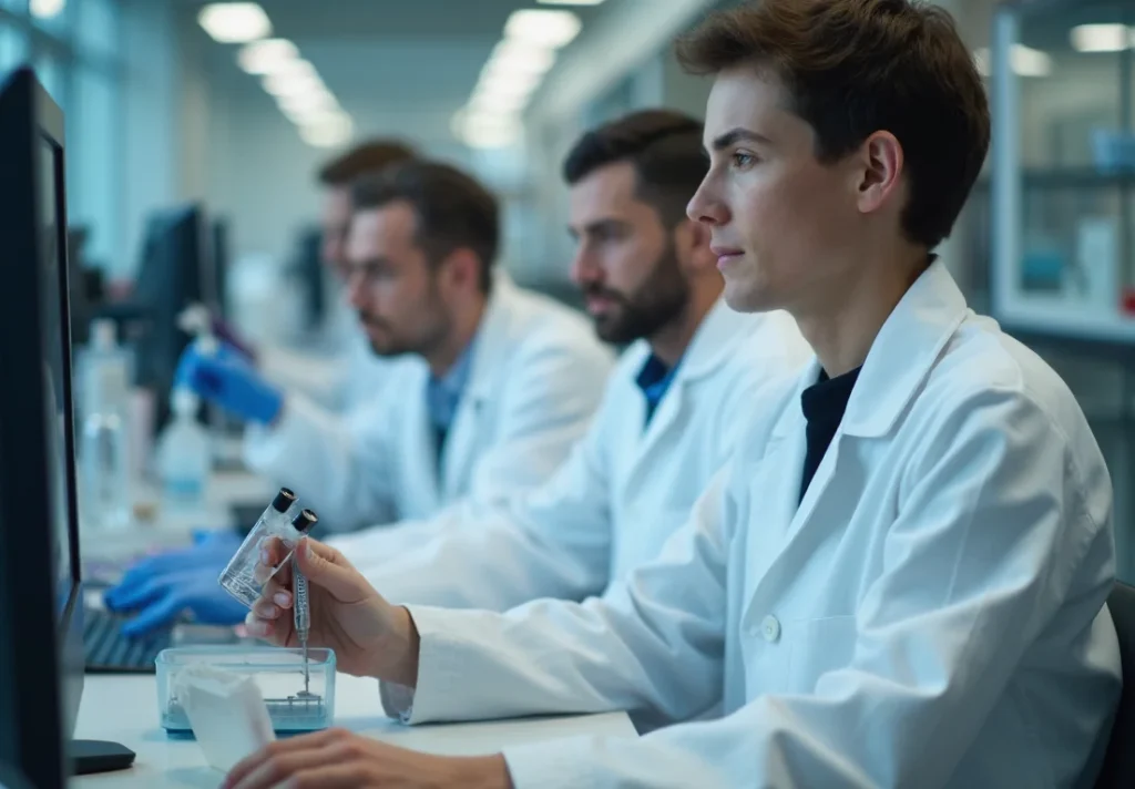 Investigadores desarrollando vacuna ARNm contra gripe aviar H5N1 en laboratorio de biotecnología