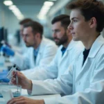 Investigadores desarrollando vacuna ARNm contra gripe aviar H5N1 en laboratorio de biotecnología