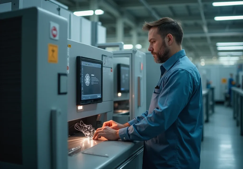 Trabajadores inspeccionando lentes Fresnel con tecnología de inteligencia artificial en una fábrica moderna