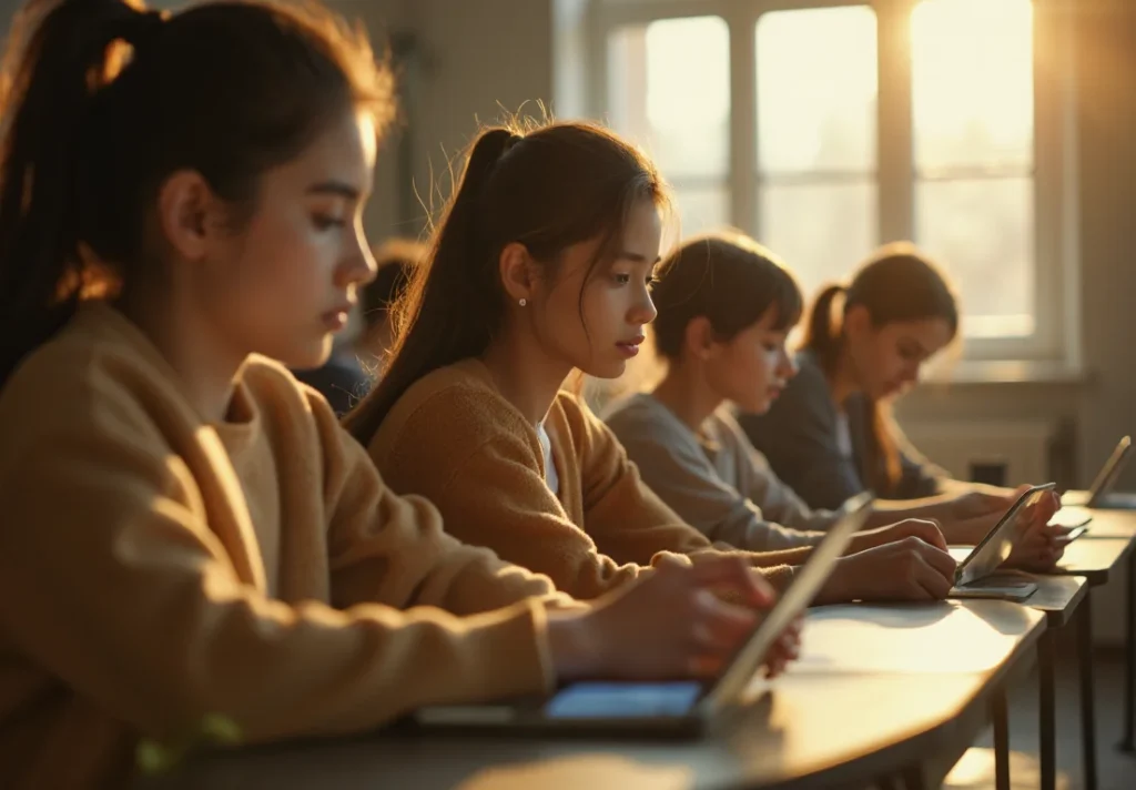 Estudiantes usando AEOL Cloud para prepararse para el examen de conducir con tests de autoescuela y DGT en una habitación...